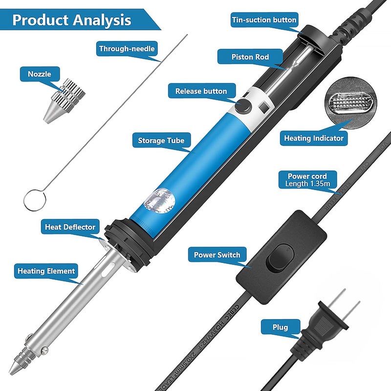 HANDSKIT مضخة إزالة اللحام الكهربائية ومكواة إزالة اللحام مع مقبض شحن أقصر وفوهات شفط لإزالة اللحام من الثقوب لإصلاح اللحام - Image 3